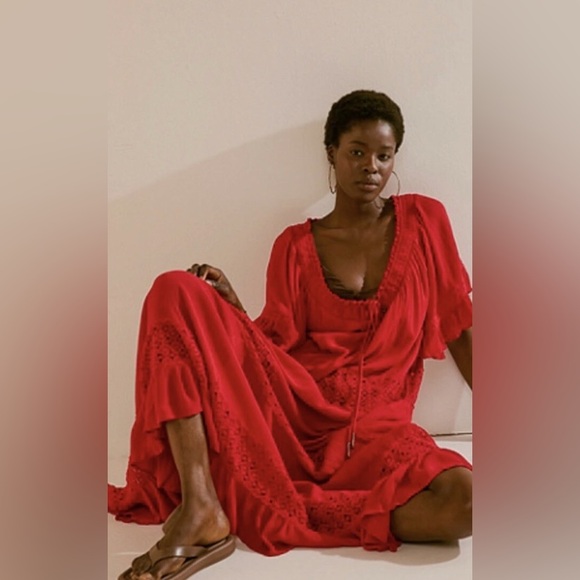 NWOT Free People Oversized “Dream On” Embroidery Tiered Peasant Pocket Maxi - Picture 2 of 16